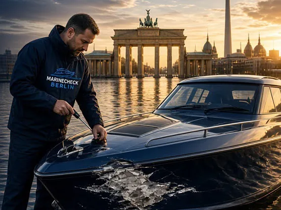Bootsgutachter prüft den beschädigten Rumpf eines Motorboots auf dem Wasser in Berlin