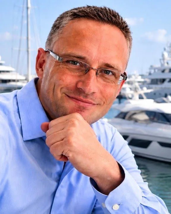 Sachverständiger Tilo Neumann, Inhaber von MARINECHECK Berlin, vor einem Yachthafen
